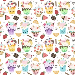 Rollo Seamless pattern with cartoon milkshakes, decor elements. hand drawing, flat style. design for fabric, print, textile, wrapper © Ann1988