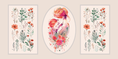 Happy Mother's Day. Vector watercolor illustrations of mother, child, twigs, leaves, flowers, paint strokes. Drawings for a postcard, poster, or background