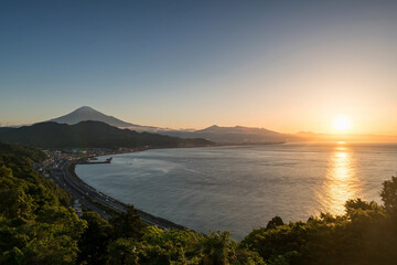 Mt. Fuji and street by the bay seen by Satta Toge pass, Shimizu