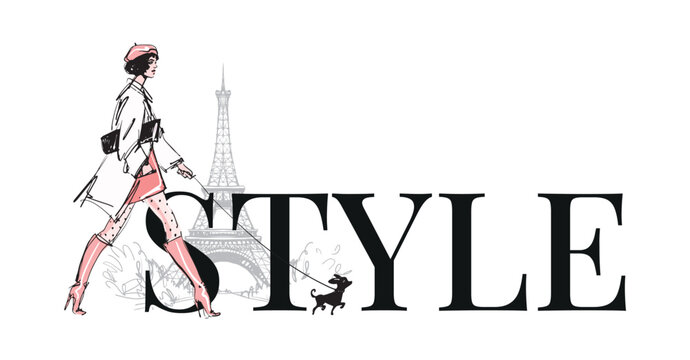 French fashion style, a fashionable girl in a beret and high heels walks with a dog in Paris against the backdrop of the Eiffel Tower. Modern sketch, vector hand drawn illustration isolated 