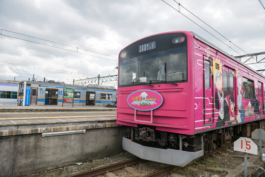 Naruto x Boruto train with mount Fuji view at Kawaguchiko station