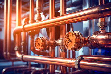 Boiler room equipment - copper pipeline of a heating system. Plumbing service for modern heating system. Generative AI - obrazy, fototapety, plakaty