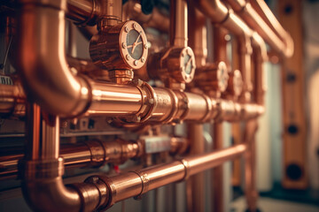 Boiler room equipment - copper pipeline of a heating system. Plumbing service for modern heating system. Generative AI