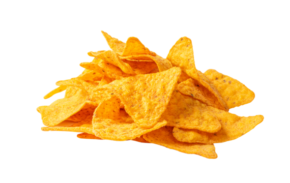 Nachos Chips Isolated, Mexican Triangle Corn Chips for Nacho Tortilla, Maize Snack, Nachos on White Background