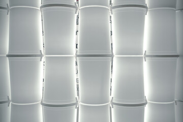 stacks of buckets for wall at industry for background.  Old vintage bucket in industry for background. Row of plastic bucket at manufacture company. A stack of recycled plastic buckets at store. - obrazy, fototapety, plakaty