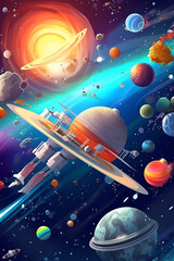 Cartoon illustration Of Space. Space flat background with spaceship, planets and stars. Galaxy illustration for kids. Generative AI
