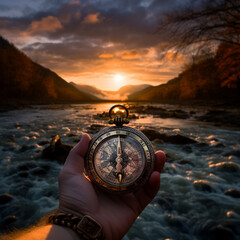 Compass in hand with sunrise on mountains landscape, Travel concept, Generative AI