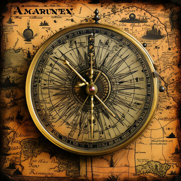 Ancient Old Compass on the travel world map, Generative AI © authapol