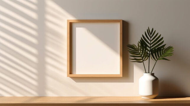 Generative ai illustration of blank wooden frame against white wall