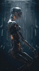 Fototapeta premium A Cutting-Edge Transhuman Robot with Complex Wire Connections: Exploring the Intricacies of Artificial Intelligence. Generative AI