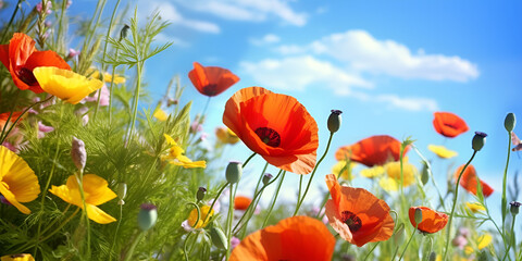 Red poppies against a blue sky,   Field with red flower of the poppy full bloom, generative Ai