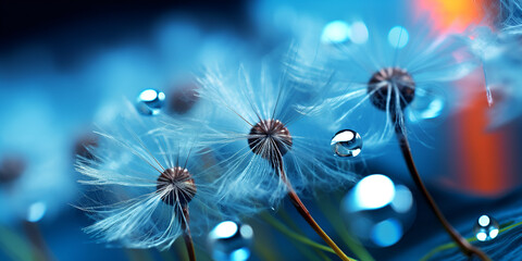 Dandelion with droplets of water on a blue and turquoise beautiful background, generative Ai