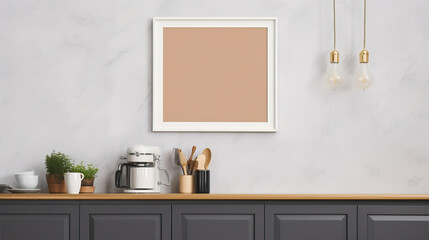 Mockup Poster Frame Close Up on wall kitchen , Mockups Design 3D, HD