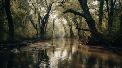 a river with trees around it.  Generative AI