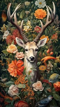 Close-up portrait of a majestic deer in fantasy background. Wildlife animals..Deer Bright colorful paint