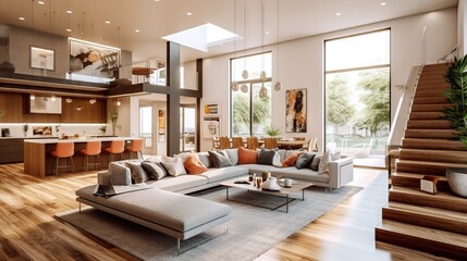 Mid-Century Modern Living Room. . Elegant living room with comfortable sofa, mid-century furniture, cozy carpet, wooden floor, white walls, home plants