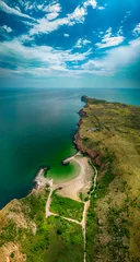 Papier Peint photo Plage de Bolata, Balgarevo, Bulgarie Bolata Beach, Cape Kaliakra, on the northern coast of Bulgaria. The high steep banks of a reddish hue are in harmony with the greenery of grass and the endless blue sea. View from drone.