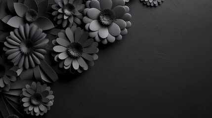 Floral creatively arranged on black paper background. Empty space for copy, room for text.