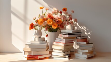 Romantic pile of books with flowers on summer style image, free time,