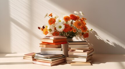 Romantic pile of books with flowers on summer style image, free time,