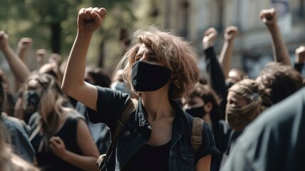 Protesting crowd of people at a rally with their hands in the air. Generative AI.