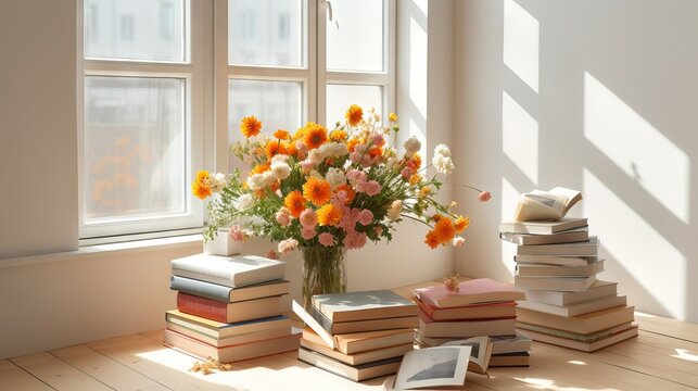 Romantic pile of books with flowers on summer style image, free time,