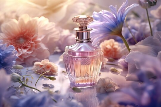 Bottle of perfume with flowers on color backgroun
