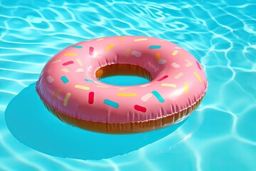Colorful donut float in swimming pool. inflatable circle floats in the pool. summer holidays concept, minimal and summer style, light reflections