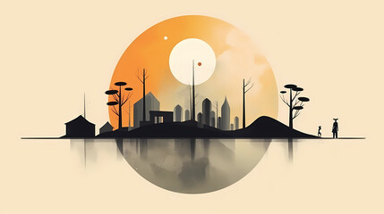 Obraz premium Minimalist design urban landscape with silhouette of a city and nature. Can be used for cityscape promotions, business presentations, or website banners.