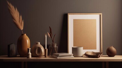 Mock-up of an empty wooden picture frame on a desk. Generative AI.