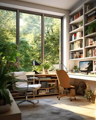 Fototapeta premium Modern beauty home office desk, green plants, relax and good energies space, student and worker dream space