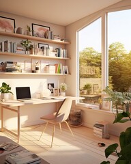 Modern beauty home office desk, green plants, relax and good energies space, student and worker dream space