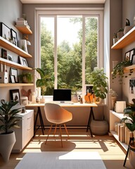 Obraz premium Modern beauty home office desk, green plants, relax and good energies space, student and worker dream space