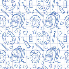 Seamless pattern with school supplies and creative elements in sketch style on a white checkered background. Back to school background