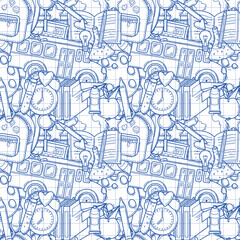 Seamless pattern with school supplies and creative elements in sketch style on a white checkered background. Back to school background