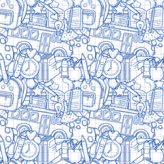 Obraz premium Seamless pattern with school supplies and creative elements in sketch style on a white checkered background. Back to school background