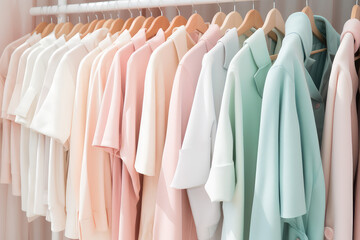 Clothes in pastel light colors hang on rack in sunlight. Delicate pastel palette of female closet. Generative AI professional photo imitation.