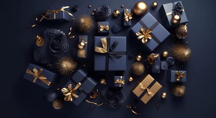 christmas boxes in blue and gold on a dark background