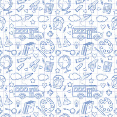 Seamless pattern with school supplies and creative elements in sketch style on a white checkered background. Back to school background