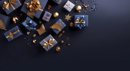 blue and gold Christmas presents on dark background