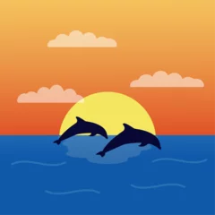 Fotobehang Sea with sunset and dolphins © HelgaLy