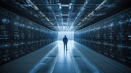 man standing inside server room, blue color. Futuristic Concept: Data Center Chief Technology Officer Holding Laptop, Standing In Warehouse, Information Digitalization Lines Streaming Through Servers