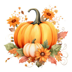 Fall Autumn Watercolor Pumpkin Clip Art, Fall Autumn Watercolor Illustration, Flowers Sublimation Design, Flower Clip Art