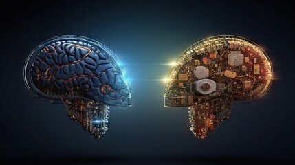 Human intelligence vs artificial intelligence. Face to face. Machine vs human: difference between a robot and a man - obrazy, fototapety, plakaty