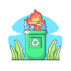 vector illustration, burning trash can, white background