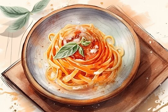 The Illustration Portrays A Watercolor Painting Of A Plate Of Spaghetti Bolognese. Generative Ai.