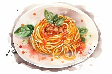 The illustration portrays a watercolor painting of a plate of spaghetti bolognese. Generative Ai.