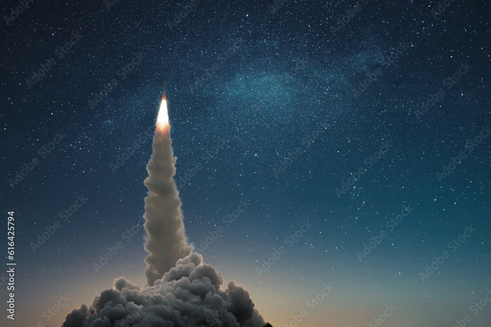 Aufkleber Rocket take off to stars. Successful launch of a space rocket into outer space. Spaceship lift off into the starry sky. Travel and exploration other planets, concept