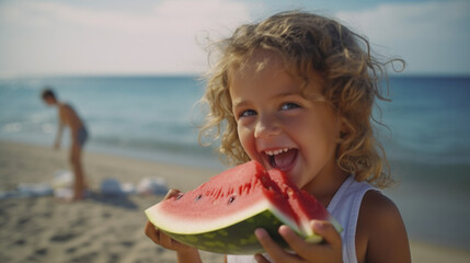 Generative AI, child, boy or girl with blond hair eats watermelon on a sunny beach near the sea, travel with children, holidays, fruits, healthy lifestyle