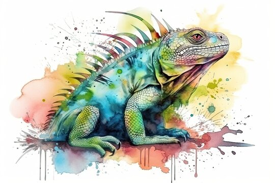 The illustration showcases a watercolor painting of a iguana face. Generative Ai.